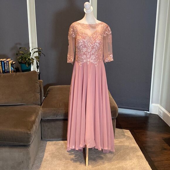 Dresses & Skirts - Women’s Pink A-Line Tea Length Chiffon & Lace Appliqué Dress Corset Back Size 12